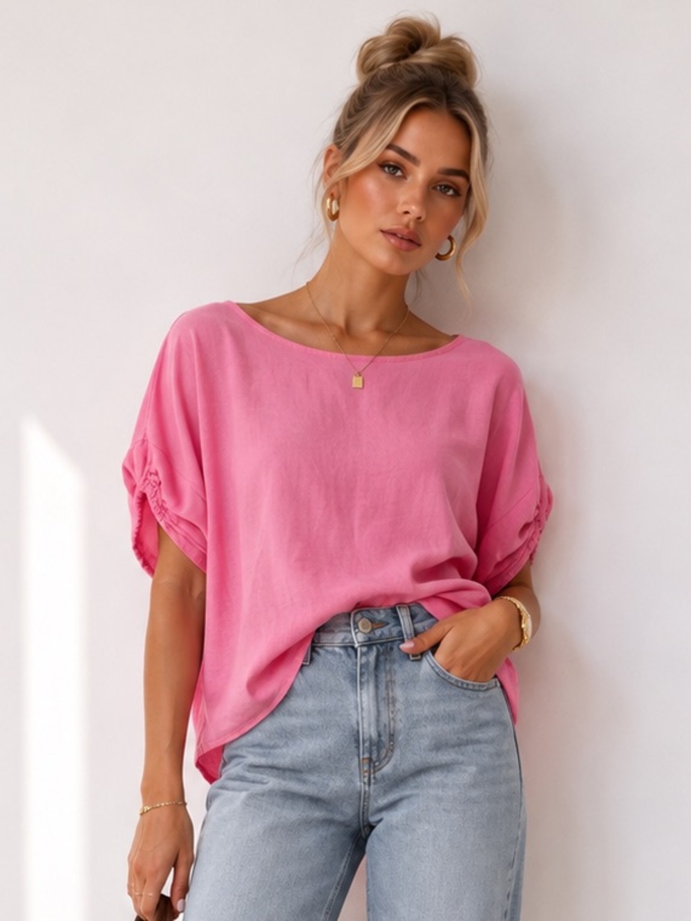 $125 MAGARI Relaxed Short Linen Oversized Sleeve Tee in Pink Small S New